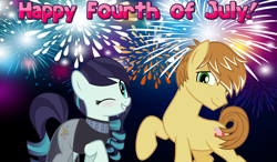 Size: 2064x1204 | Tagged: safe, derpibooru import, coloratura, feather bangs, 4th of july, colorabangs, female, fireworks, holiday, male, night, one eye closed, shipping, smiling, straight, wink, youtube link