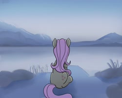 Size: 2284x1832 | Tagged: safe, artist:exploretheweb, derpibooru import, fluttershy, pegasus, pony, female, folded wings, lake, looking away, mare, mountain, outdoors, rear view, scenery, sitting, solo, water, wings