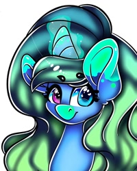 Size: 960x1200 | Tagged: safe, artist:tessa_key_, derpibooru import, oc, oc only, pony, unicorn, bust, glowing horn, heterochromia, horn, simple background, smiling, solo, white background