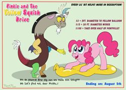 Size: 4500x3200 | Tagged: safe, artist:rupertbluefox, derpibooru import, discord, pinkie pie, draconequus, earth pony, pony, series:pinkie and the yellow squish drive, balloon, female, incentive drive, male, mare, simple background