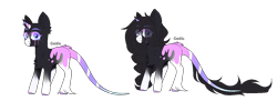 Size: 1218x441 | Tagged: safe, artist:lazuli, derpibooru import, oc, oc only, classical unicorn, pony, unicorn, bald, chest fluff, cloven hooves, duo, ear fluff, eye clipping through hair, female, fluffy, horn, leonine tail, looking at you, makeup, mare, running makeup, shoulder fluff, simple background, smiling, tail fluff, transparent background, unicorn oc, unshorn fetlocks