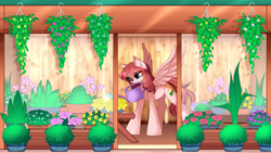 Size: 4483x2536 | Tagged: safe, artist:airiniblock, derpibooru import, oc, oc only, oc:moonflower, pegasus, pony, commission, female, flower, flower shop, rcf community, solo, watering can
