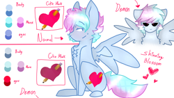 Size: 2560x1440 | Tagged: safe, artist:shinningblossom12, derpibooru import, oc, oc only, oc:shinning blossom, pegasus, pony, black sclera, bust, chest fluff, duo, female, heart, mare, pegasus oc, reference sheet, spread wings, text, wings