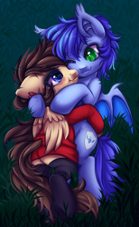 Size: 1261x2048 | Tagged: safe, artist:cabbage-arts, derpibooru import, oc, oc only, oc:retro hearts, oc:vesper nightfall, bat pony, pegasus, pony, clothes, cute, ear piercing, female, grass, hoodie, mare, night, nuzzling, piercing, snuggling