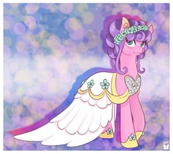 Size: 1024x911 | Tagged: safe, artist:cckittycreative, derpibooru import, petunia petals, earth pony, pony, rainbow roadtrip, clothes, cute, dress, female, floral head wreath, flower, mare, petalbetes, solo, wedding dress