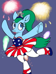 Size: 960x1280 | Tagged: safe, artist:dashingjack, derpibooru import, oc, oc:brainstorm, 4th of july, arabesque, arms in the air, ballerina, ballet, ballet shoes, clothes, crossdressing, fireworks, holiday, independence day, jewelry, one leg raised, pose, tiara, tights, tutu