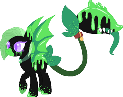Size: 603x474 | Tagged: safe, artist:playdeadpossum, derpibooru import, oc, oc only, oc:poison, monster pony, original species, piranha plant pony, plant pony, augmented tail, base used, bat wings, collar, fangs, female, plant, raised hoof, simple background, tongue out, transparent background, wings