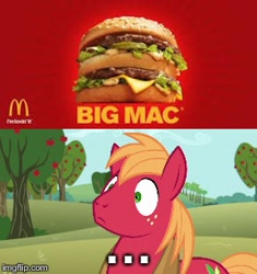 Size: 288x306 | Tagged: safe, derpibooru import, edit, edited screencap, screencap, big macintosh, earth pony, pony, no second prances, ..., burger, food, hamburger, imgflip, male, mcdonald's, namesake, obligatory pony, sandwich, shrunken pupils, sweet apple acres