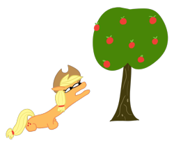 Size: 1367x1141 | Tagged: safe, artist:wren, derpibooru import, applejack, earth pony, pony, apple, apple tree, cowboy hat, female, food, hairband, hat, laying on ground, long neck, lying down, reaching, resting, simple background, solo, squatpony, transparent background, tree