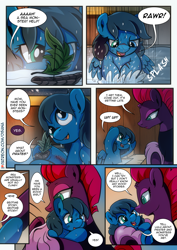 Size: 2480x3508 | Tagged: safe, artist:dsana, derpibooru import, fizzlepop berrytwist, tempest shadow, oc, oc:lullaby dusk, pegasus, pony, unicorn, comic:a storm's lullaby, bath, boat, broken horn, comic, female, filly, horn, injured, leaf, mama tempest, mare, stiches, this will end in tears, towel