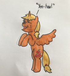 Size: 1172x1280 | Tagged: safe, artist:whistle blossom, derpibooru import, applejack, alicorn, pony, alicornified, alternate universe, applecorn, dialogue, eyes closed, female, freckles, mare, marker drawing, open mouth, race swap, rearing, simple background, smiling, solo, traditional art, whistleverse, white background