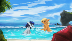 Size: 1920x1080 | Tagged: safe, artist:hierozaki, derpibooru import, applejack, oc, oc:constance everheart, earth pony, pony, beach, canon x oc, everjack, female, lidded eyes, looking at each other, male, palm tree, playing, shipping, splashing, straight, tree, umbrella