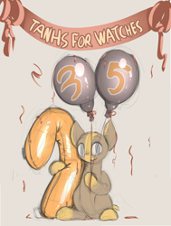 Size: 786x1040 | Tagged: safe, artist:desertskyfamily, derpibooru import, oc, oc only, oc:desertsky, balloon, confetti, inflatable, misspelling, no mane, solo