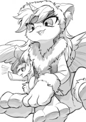Size: 894x1280 | Tagged: safe, artist:swaybat, derpibooru import, oc, oc only, oc:taikongjiyi, earth pony, hybrid, pony, clothes, duo, female, giant pony, gloves, macro, male, mare, monochrome, paws, size difference, sketch, stallion, wings