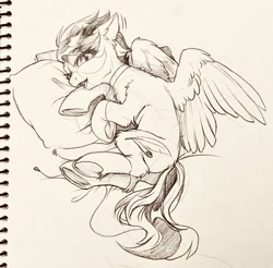 Size: 1280x1258 | Tagged: safe, artist:swaybat, derpibooru import, oc, pegasus, pony, bed, choker, earbuds, female, looking at you, lying on bed, mare, monochrome, on bed, pillow, sketch, solo, traditional art, underhoof, wings