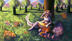 Size: 5120x2880 | Tagged: safe, artist:orfartina, derpibooru import, oc, oc only, anthro, pegasus, basket, female, flower, scenery, solo, tree