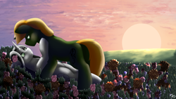 Size: 5760x3240 | Tagged: safe, artist:sevenserenity, derpibooru import, oc, oc only, oc:bullet storm, oc:dragon storm, pony, unicorn, complex background, cuddling, duo, eye contact, flower, heart eyes, looking at each other, scene, scenery, shipping, sunset, wingding eyes