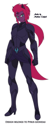 Size: 1024x2496 | Tagged: safe, artist:pyrus-leonidas, derpibooru import, tempest shadow, human, armor, belt, boots, broken horn, clothes, eared humanization, eye scar, female, gloves, high heel boots, horn, horned humanization, humanized, pony coloring, scar, shoes, simple background, solo, tailed humanization, transparent background