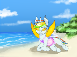 Size: 2732x2048 | Tagged: safe, artist:stardust-pony, derpibooru import, oc, oc:fruitcake, changeling, beach, changeling oc, clothes, colt, commission, crossdressing, frilled swimsuit, frilly swimsuite, male, swimsuit