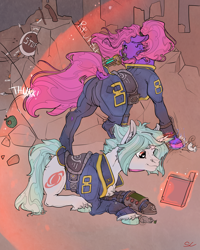 Size: 2362x2953 | Tagged: safe, artist:sourcherry, derpibooru import, oc, oc:nova dust, oc:radiant prism, earth pony, mouse, pony, unicorn, fallout equestria, book, bullet, clothes, cutie mark, laser pistol, levitation, magic, magic aura, onomatopoeia, pipbuck, saddle, sound effects, tack, telekinesis, vault suit