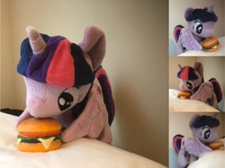 Size: 1442x1080 | Tagged: safe, derpibooru import, twilight sparkle, twilight sparkle (alicorn), alicorn, pony, 4de, borgarposting, burger, burgie, compilation, cute, eating, female, food, irl, mare, merchandise, on side, photo, pillow, plushie, plushie eating a plushie, smiling, solo, twilight burgkle, wing hands, wings