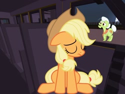 Size: 2048x1536 | Tagged: safe, artist:estories, artist:topsangtheman, derpibooru import, applejack, granny smith, earth pony, pony, topsangtheman's minecraft server, the super speedy cider squeezy 6000, depressed, minecraft, sad, school bus