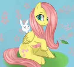 Size: 1280x1152 | Tagged: safe, artist:ccruelangel, derpibooru import, angel bunny, fluttershy, angel, pegasus, pony, abstract background, cute, female, flower, happy, mare, shyabetes, sitting