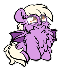 Size: 1777x1963 | Tagged: safe, artist:kimjoman, derpibooru import, oc, oc only, oc:pinkfull night, bat pony, pony, adorkable, bat pony oc, bat wings, chest fluff, cute, dork, fangs, female, fluffy, glasses, hoof fluff, impossibly large chest fluff, simple background, sitting, solo, spread wings, teenager, transparent background, wings