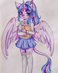 Size: 1080x1350 | Tagged: safe, alternate version, artist:mayguay, derpibooru import, twilight sparkle, twilight sparkle (alicorn), alicorn, anthro, book, clothes, colored, ear fluff, female, horn, skirt, solo, traditional art, wings