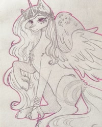 Size: 1080x1350 | Tagged: safe, artist:mayguay, derpibooru import, oc, oc only, oc:luciana, alicorn, pony, alicorn oc, ear fluff, female, horn, lineart, mare, raised hoof, solo, traditional art, wings