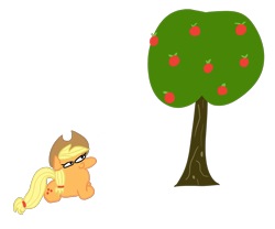 Size: 1395x1158 | Tagged: safe, artist:wren, derpibooru import, applejack, earth pony, pony, apple, apple tree, cowboy hat, female, food, hairband, hat, laying on ground, long neck, lying down, resting, simple background, solo, squatpony, stare, transparent background, tree