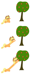 Size: 1452x3384 | Tagged: safe, artist:wren, derpibooru import, applejack, earth pony, pony, absurd resolution, apple, apple tree, comic, cowboy hat, female, food, hairband, hat, laying on ground, long neck, lying down, reaching, resting, simple background, solo, squatpony, stare, transparent background, tree, wat, white background