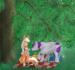 Size: 2344x2183 | Tagged: safe, artist:lunathemoongod, derpibooru import, oc, oc:filly, oc:pegasus, oc:unicorn, pegasus, unicorn, apple, basket, commission, family, food, glass, grass, magic, orange, picnic, picnic basket, sandwich, tree