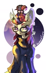 Size: 1221x1920 | Tagged: safe, artist:undeadcure, moondancer, pony, unicorn, abstract background, bust, clothes, female, glasses, lidded eyes, looking at you, mare, portrait, smiling, solo, sweater