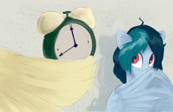 Size: 1280x835 | Tagged: safe, artist:some_ponu, derpibooru import, oc, oc only, oc:delta vee, oc:jet stream, pegasus, clock, red eyes, wings