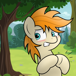 Size: 2500x2500 | Tagged: safe, artist:pizzamovies, derpibooru import, oc, oc only, oc:pizzamovies, earth pony, blushing, looking at something, male, solo, tree