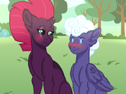 Size: 1400x1050 | Tagged: safe, artist:the-mystery-of-doom, artist:themune, derpibooru import, rolling thunder, tempest shadow, pegasus, pony, unicorn, bedroom eyes, blushing, broken horn, bush, eye scar, female, grass, horn, lesbian, mare, nervous, rollingtempest, scar, shipping, tree