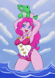 Size: 1061x1501 | Tagged: safe, artist:brother-tico, derpibooru import, gummy, pinkie pie, equestria girls, armpits, breasts, cleavage, clothes, cute, diapinkes, female, geode of sugar bombs, lidded eyes, magical geodes, one-piece swimsuit, open mouth, swimsuit, toy, watermark