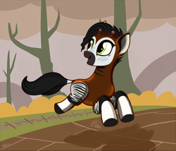 Size: 1050x900 | Tagged: safe, artist:firehearttheinferno, derpibooru import, oc, oc:bazz boost, okapi, black hooves, black mane, brown coat, bush, cloud, cloudy, commission, cracks, cute, dirt, face markings, female, freckles, frolicking, green eyes, happy, horns, jumping, leaping, leonine tail, path, sidewalk, simple background, smiling, socks (coat marking), solo, stripes, tree, wasteland