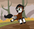 Size: 1050x900 | Tagged: safe, artist:firehearttheinferno, derpibooru import, oc, oc:bazz boost, okapi, black hooves, black mane, brown coat, bush, cloud, cloudy, commission, cracks, cute, dirt, face markings, female, freckles, frolicking, green eyes, happy, horns, jumping, leaping, leonine tail, path, sidewalk, simple background, smiling, socks (coat marking), solo, stripes, tree, wasteland