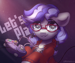 Size: 2000x1661 | Tagged: safe, artist:reterica, derpibooru import, oc, oc only, oc:cinnabyte, adorkable, clothes, controller, cute, dork, gamecube controller, glasses, smiling, sweater