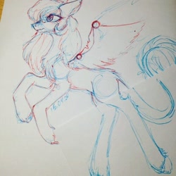 Size: 576x576 | Tagged: safe, artist:nickellmollibden134, derpibooru import, oc, pegasus, pony, leonine tail, lineart, pegasus oc, rearing, traditional art, wings