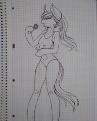 Size: 1080x1350 | Tagged: safe, artist:nickellmollibden134, derpibooru import, oc, oc only, anthro, unicorn, arm hooves, beer bottle, clothes, curved horn, ear piercing, eyes closed, graph paper, hoof hold, horn, microphone, one-piece swimsuit, piercing, singing, solo, swimsuit, traditional art, unicorn oc