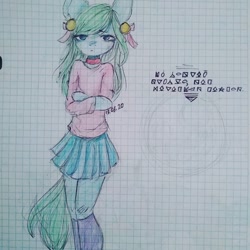 Size: 1080x1080 | Tagged: safe, artist:nickellmollibden134, derpibooru import, oc, oc only, anthro, earth pony, arm hooves, choker, clothes, earth pony oc, female, graph paper, skirt, solo, text, traditional art