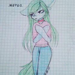 Size: 1080x1080 | Tagged: safe, artist:nickellmollibden134, derpibooru import, oc, oc only, anthro, earth pony, arm hooves, choker, clothes, earth pony oc, female, graph paper, pants, shirt, solo, text, traditional art