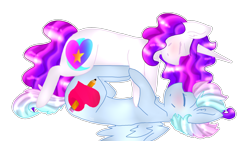 Size: 2560x1440 | Tagged: safe, artist:shinningblossom12, derpibooru import, oc, oc only, oc:anasflow maggy, oc:shinning blossom, pegasus, pony, unicorn, blushing, female, horn, lesbian, mare, oc x oc, on back, pegasus oc, shipping, simple background, smiling, transparent background, unicorn oc, wings