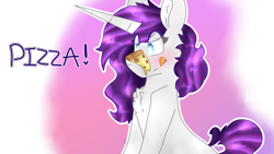 Size: 2560x1440 | Tagged: safe, artist:shinningblossom12, derpibooru import, oc, oc only, pony, unicorn, blushing, chest fluff, food, horn, licking, licking lips, pizza, simple background, solo, text, tongue out, transparent background, unicorn oc