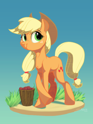 Size: 1500x2000 | Tagged: safe, artist:silverhopexiii, derpibooru import, applejack, earth pony, pony, apple, blue background, bucket, female, food, mare, simple background, solo