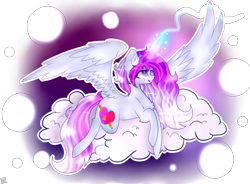 Size: 1150x848 | Tagged: safe, artist:shinningblossom12, derpibooru import, oc, oc only, oc:anasflow maggy, oc:shinning blossom, alicorn, pony, alicorn oc, cloud, female, fusion, glowing horn, horn, mare, on a cloud, simple background, solo, transparent background, wings