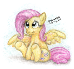 Size: 974x910 | Tagged: safe, artist:kirbyliscious, derpibooru import, fluttershy, pegasus, pony, female, looking up, mare, pencil drawing, sitting, smiling, solo, spread wings, three quarter view, traditional art, wings